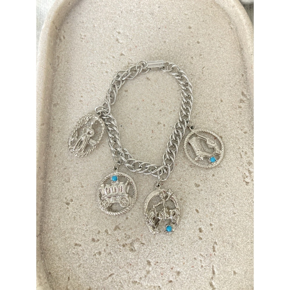 Western Charm Bracelet‎ Silver Tone Cowboy Horse Wagon Faux Turquoise Pioneer